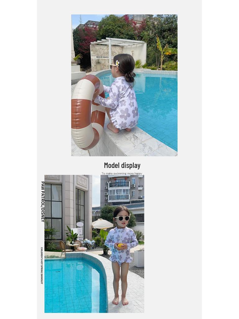 Costum de baie pentru fete alb-murdar cu flori, cu mâneci lungi - Protecție solară dintr-o singură piesă