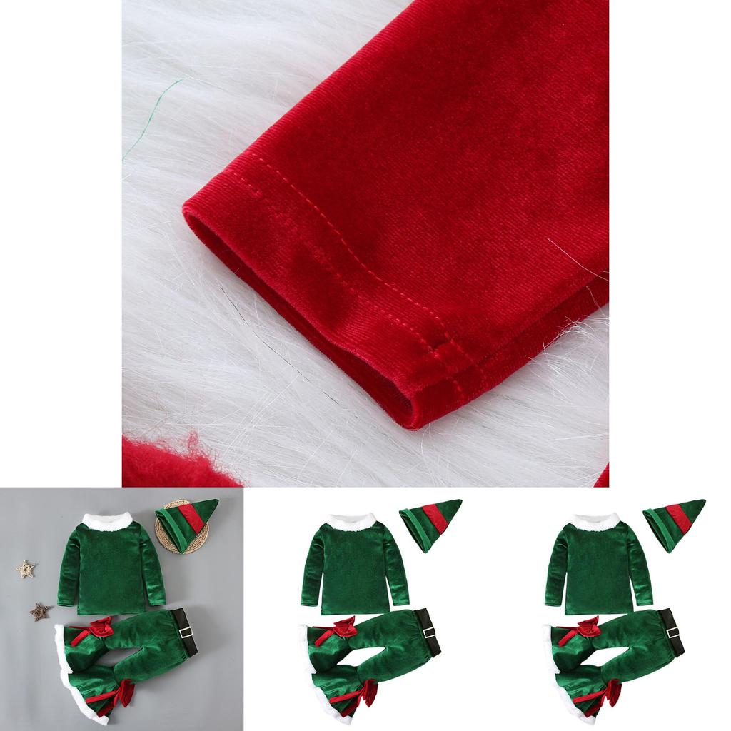 Festive Christmas Kids Girls Plush Flared Pants Suit With Santa Hat Tree Hat