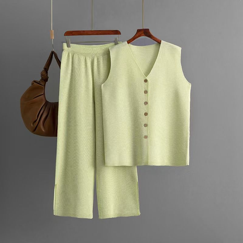 

Fashion Wind Loose Casual Knitting Vest Loose Pants Two-piece Set Knitted Vest and Pants Set Light green All yards