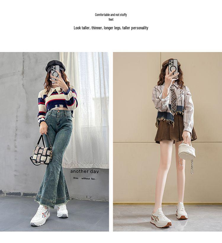 Spring Women's Breathable White Sneakers, Versatile Korean Style with Thick Soles for Height Boost, Casual Dad Shoes
