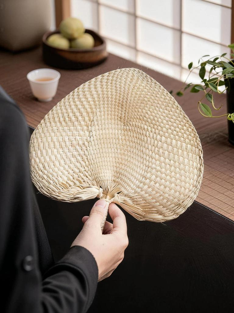 Ventilador de manivela estilo vintage de verano, Abanico de hoja de palma, Abanico retro Zen, Ventilador decorativo para sala de té, Abanico de hoja de palma hecho a mano