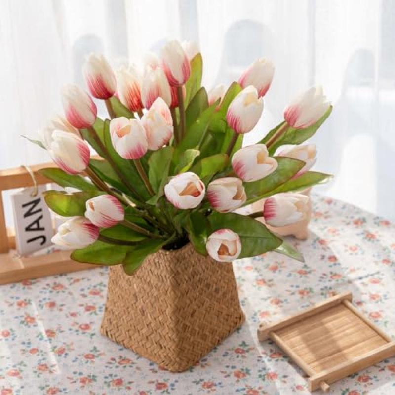 2 Bunches Artificial Tulip Bouquet - Fake Pink White Tulip Flowers with Green Leaves for Wedding Decor, Table Centerpieces & Home Accents