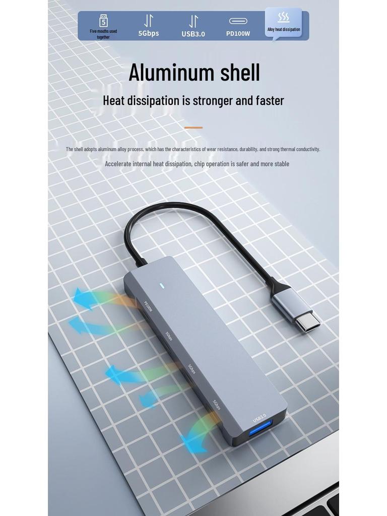 Type-C Five-in-One Hub: PD100W Fast Charging with USB3.0/Type-C Expansion.