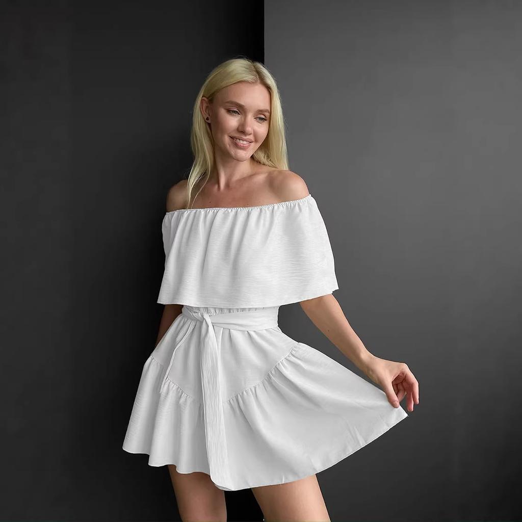 Spring and summer European and American design sense elegance temperament one-word shoulder waist lace-up short white dress women