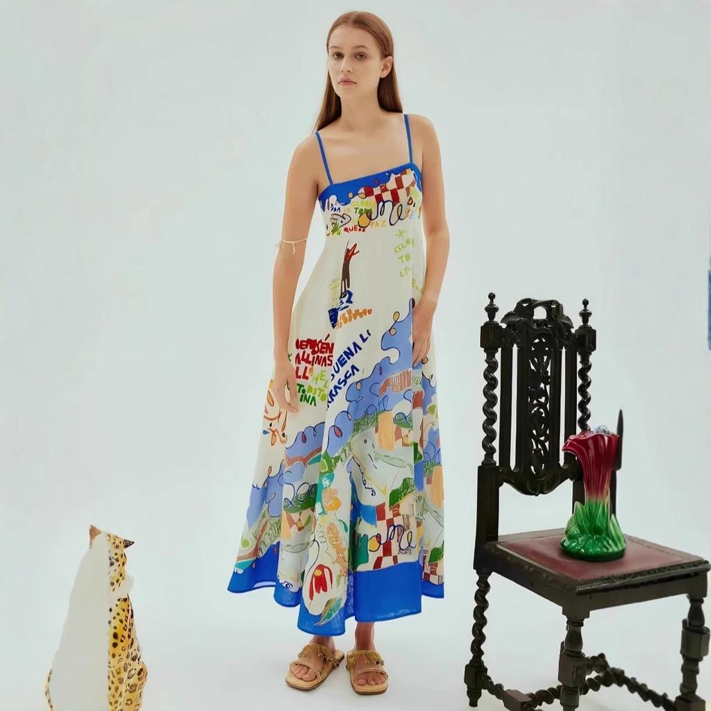 2026 new European and American express independent station sexy suspender graffiti linen pendulum dress