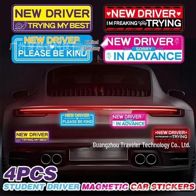 Set of 4 Magnetic Reflective Student Driver Stickers for Novice Drivers - Bumper Safety Reminders