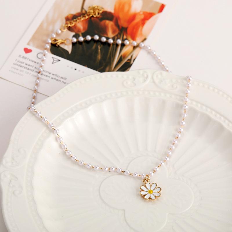 ins new pearl flower pendant necklace dripping oil chrysanthemum choker collarbone chain temperament versatile woman