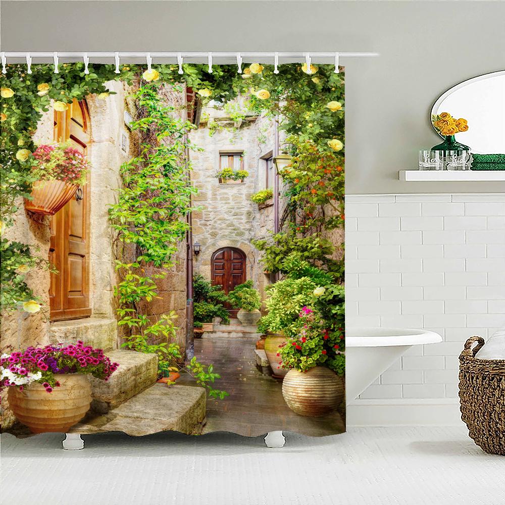 Rural Idyllic Flowers European Garden Shower Curtain Bathroom Waterproof 3d Printed Bath Curtains With 12 Hooks Polyester Cloth