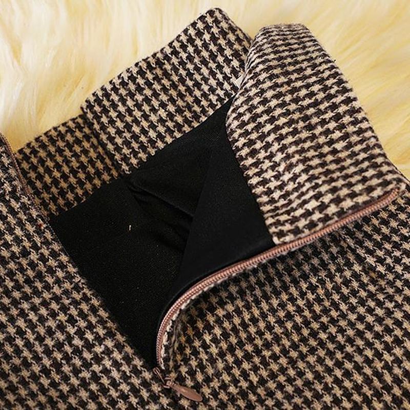 Women Plaid Wool Blend Midi Belted Skirts High Waist Slim Houndstooth A-Line Knee Length Skirt