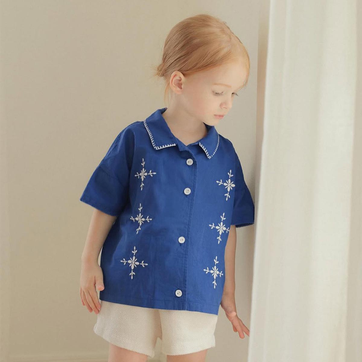 Nordic Forest Style Girls  Short-Sleeved Cotton Shirt with Embroidery 73cm