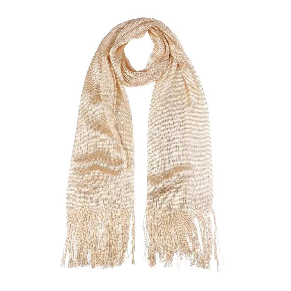 Sunscreen Lace Tassels Silk Scarf Bib Neck Cover Golden Silvery Shiny Scarves Thin Fashion Neck Warmer For Spring Summer Autumn