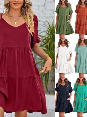 Summer V-neck Ruffled Cuff Dress - Women's Loose Fit with Pockets, Short Sleeve, Three-layer Pleated Design