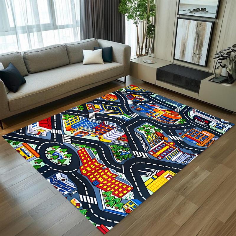 

Kids Urban City Road Map Play Rug, Interactive Traffic Track Carpet, Non-Slip Washable Play Mat for Toddler Bedroom Bedroom Rug 50cm x 80cm