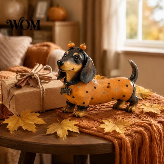 Whimsical Autumn Room Accessories Fall Harvest Dachshund Figurine, Halloween Statue with Pumpkin Headband Polka Small Ornament for Fireplace