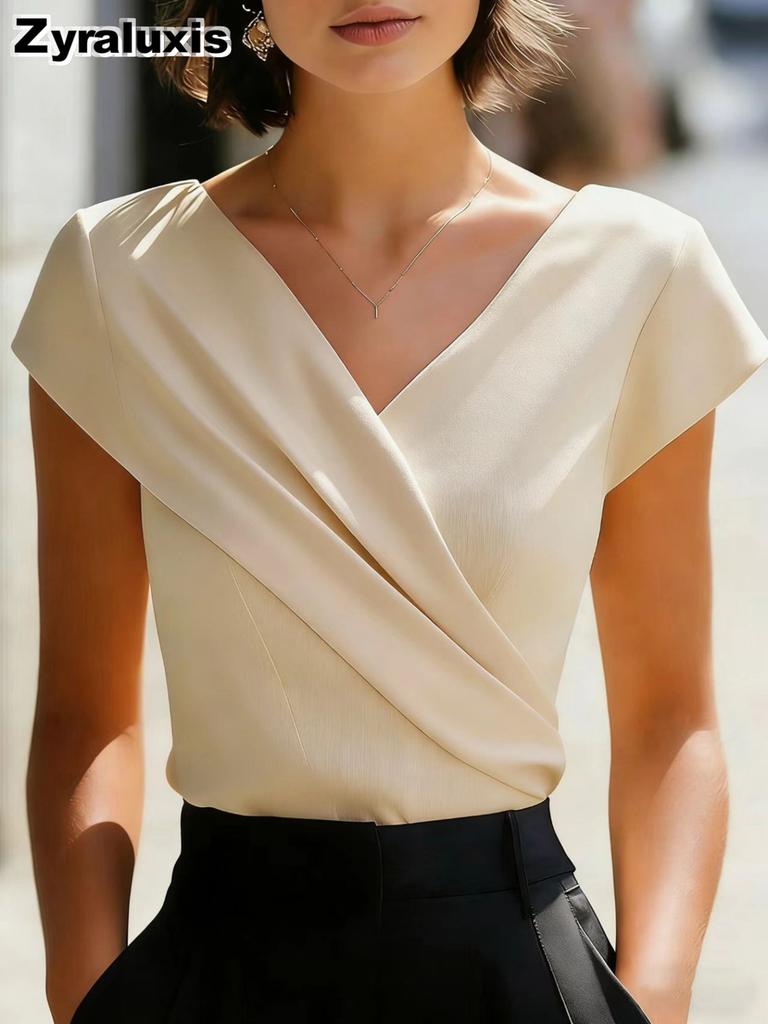 Elegantes weißes V-Ausschnitt Slim Fit Kurzarm-Damenoberteil