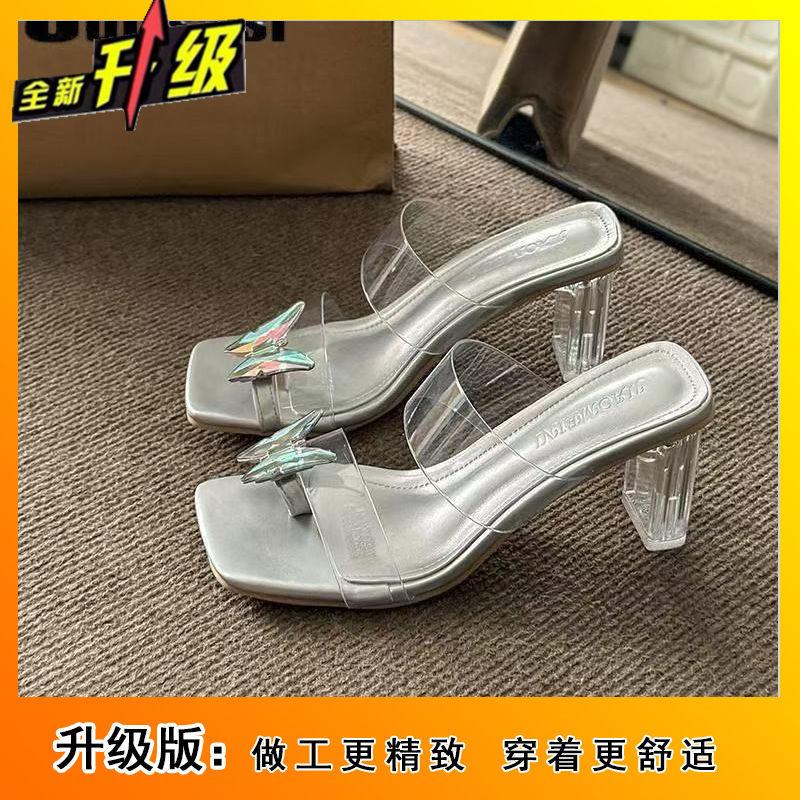 Transparent Word with Rhinestone Toe Cool Slippers 2025 New Fairy Style with Skirt Bow Crystal Slippers Woman