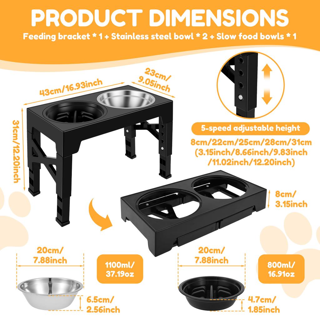 Elevated Dog Feeder Bowls Adjustable Raised Stand with 2 Stainless Steel Bowls and 1 Slow Feeder for Small Medium Large Dogs