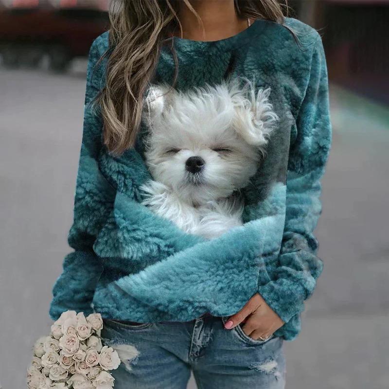Women's 3D Pullovers O-neck Long Sleeve Cat Puppy Fashion Animal Cute Pet Print Hoodies Large Casual Street Wear Oversize Sweatshirt Ootd