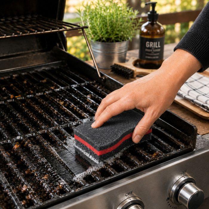 Grillschwamm - BBQ PARTY - Set 6 Stück - Beidseitig schmirgelnd & Mousse - Ergonomisch 14,5 x 8 x 4 cm - Langlebig
