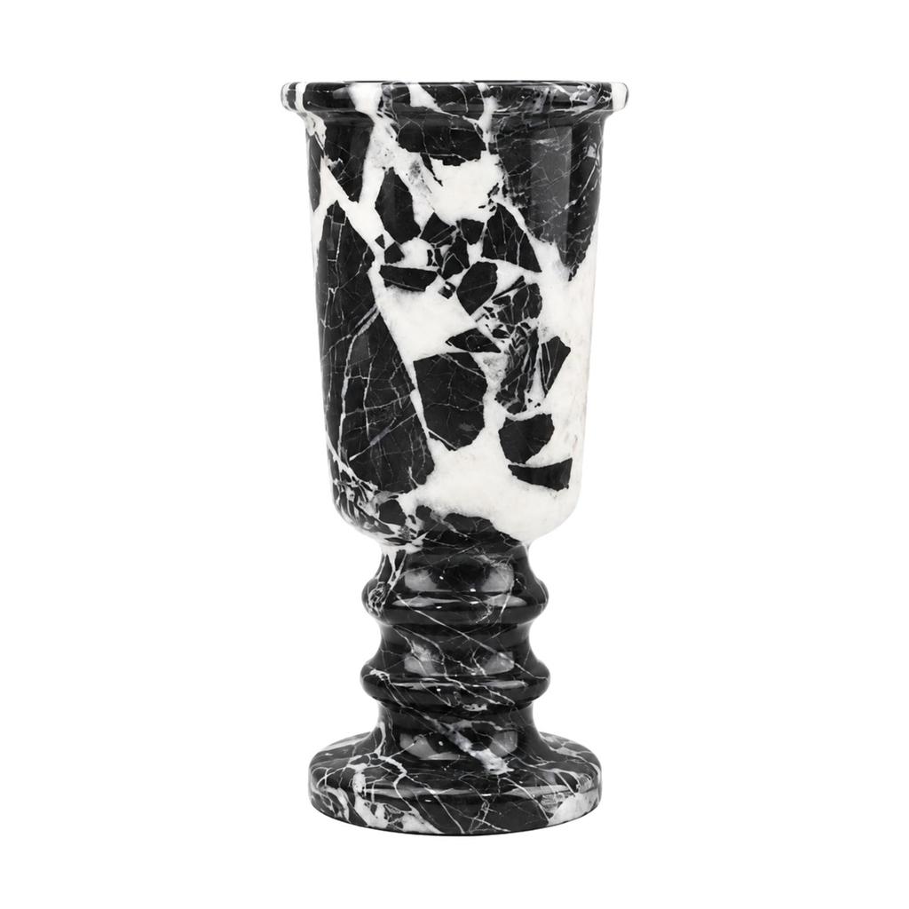 Roman Column Style Pedestal Vase Marbled Pattern Cylindrical Marble with Flared Rims Black and