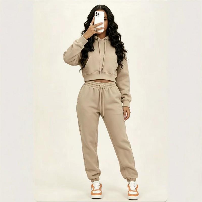 Womens European Style Hooded Sweatshirt Set Fleece Lined Casual Streetwear 2-Piece