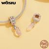 WOSTU 925 Sterling Silver Rose Gold Two-Tone Clover Heart Charms Crystal Drop Pendant Hollow Out Beads Fit DIY Bracelet Necklace