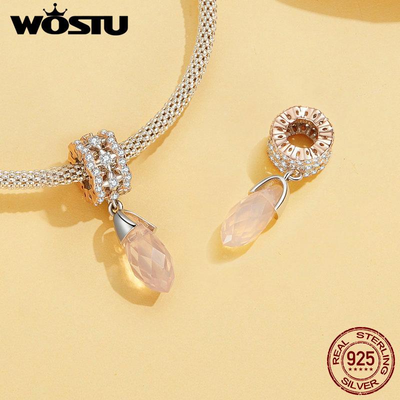 WOSTU 925 Sterling Silver Rose Gold Two-Tone Clover Heart Charms Crystal Drop Pendant Hollow Out Beads Fit DIY Bracelet Necklace