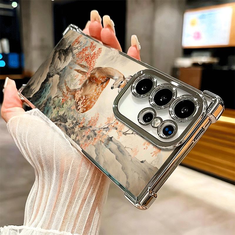 Sika Deer Elk Animal Plating Phone Case For Samsung Galaxy S24 S25 FE S26 Edge S23 Ultra S22 S21 Plus S20 Anti-Fall Airabag Cove