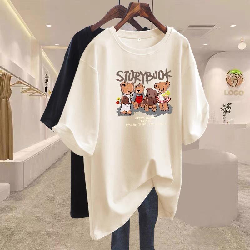 Brown Pure Cotton with Long Cartoon Short-sleeved T-shirt for Women's 2025 Early Spring New Large-size Loose Top