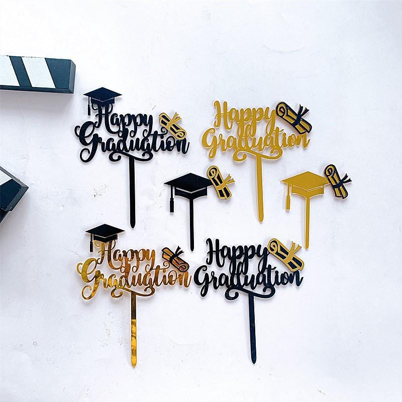 1Pcs Congrats Cake Topper Happy Graduation Gold Black Acrylic Cake Toppers College Celebration Party Decorations