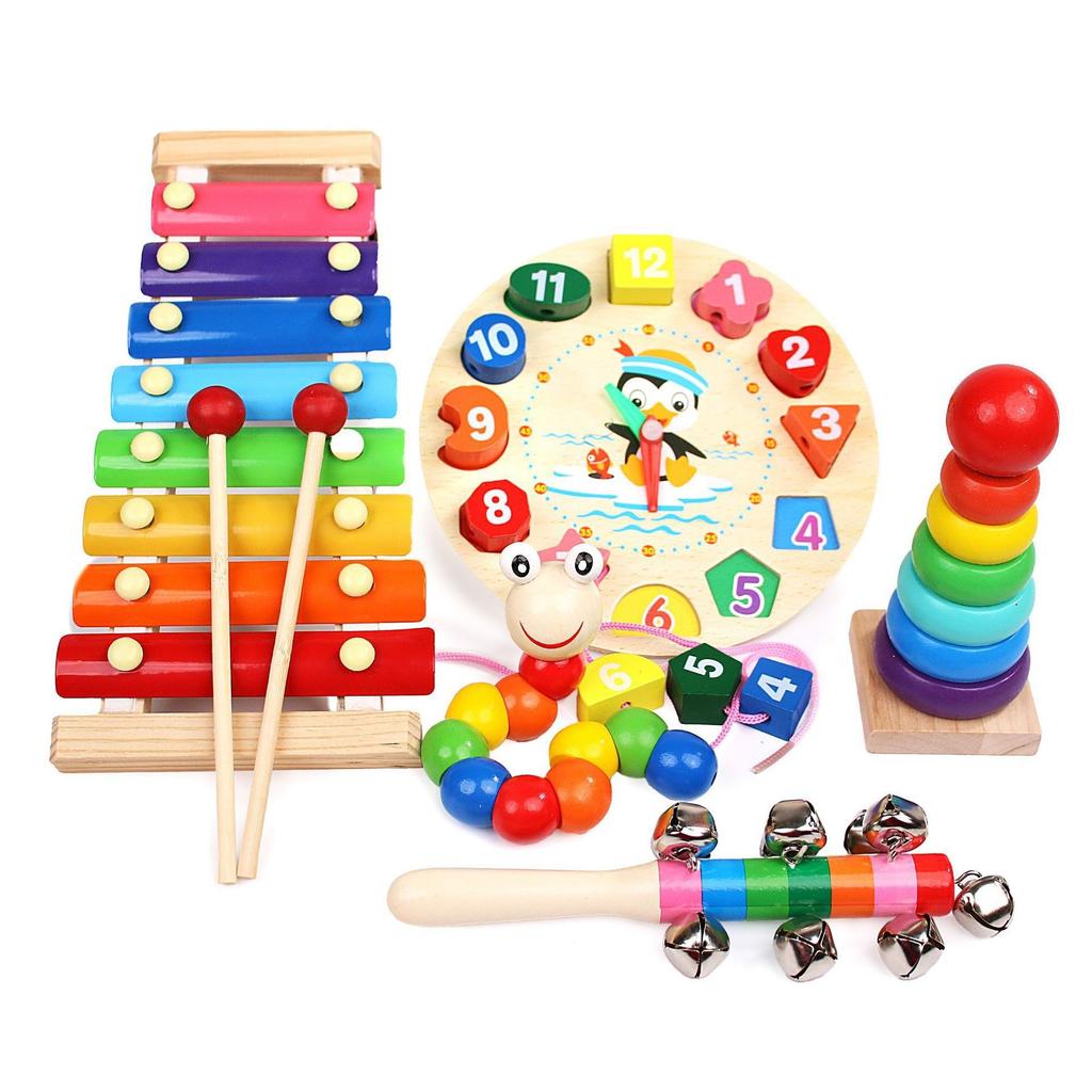 Kids 8-Note Xylophone Lacing Clock Rainbow Tower Four Sets Column Shape Board Worm Twist Baby Educational Toy MHWJ-003