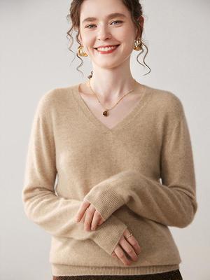 Pulover de damă din cașmir tricotat cu decolteu în V - Croială lejeră, cu mânecă lungă