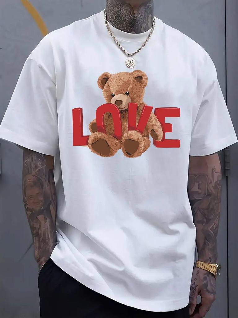 Love Bear Graphic Print Men's Luxury Cotton Short Sleeved T-shirt Summer Unisex Men's and Women's Street Fashion Clothing
