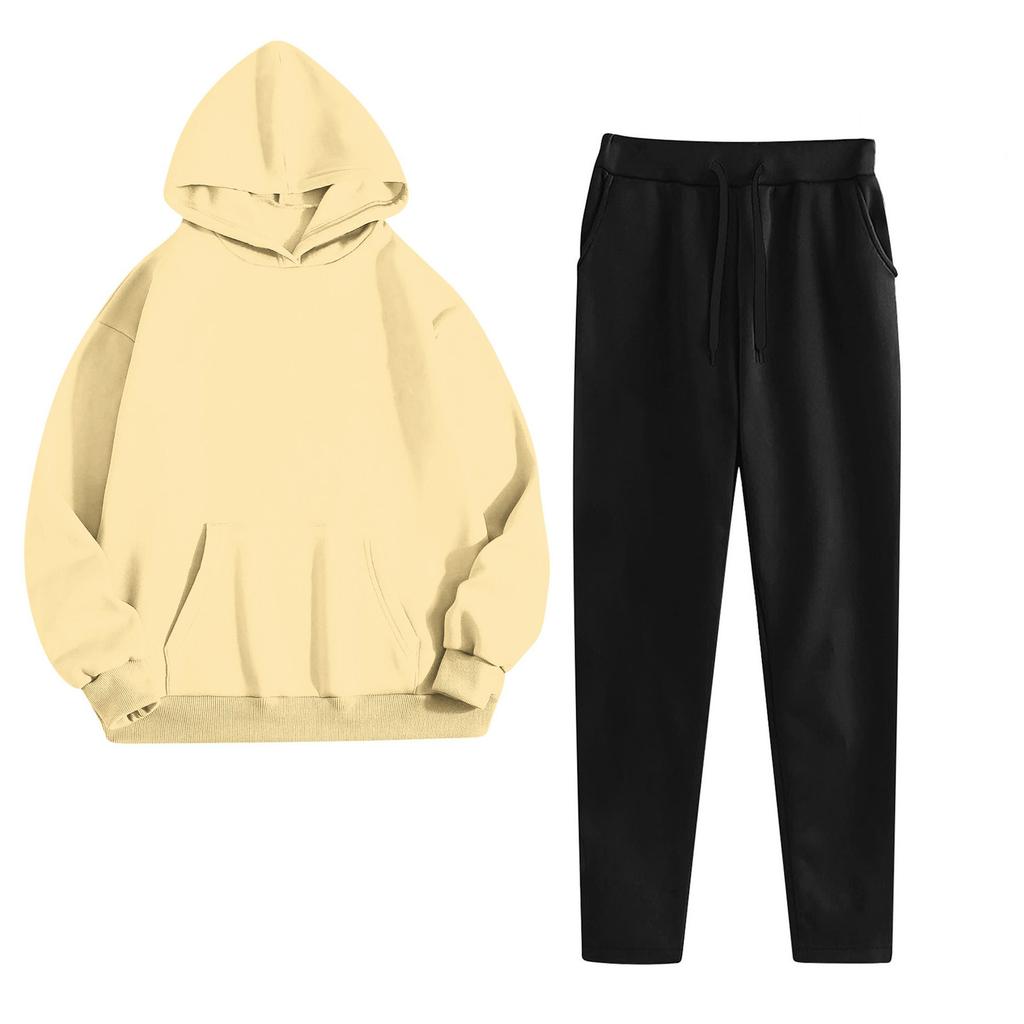 Women's Fashionable Relaxed-Fit Hooded Sweatshirt With Pockets And Fleece-Lined Trousers Set