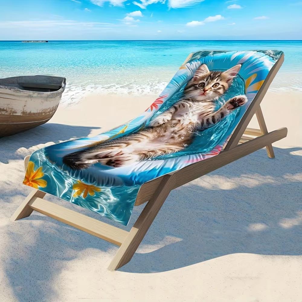 Cute Cat Beach Towel Flat Print Tabby Kitten in Swimming Ring Microfiber Bath Towel for Kids Girls Summer Pool Travel Gift