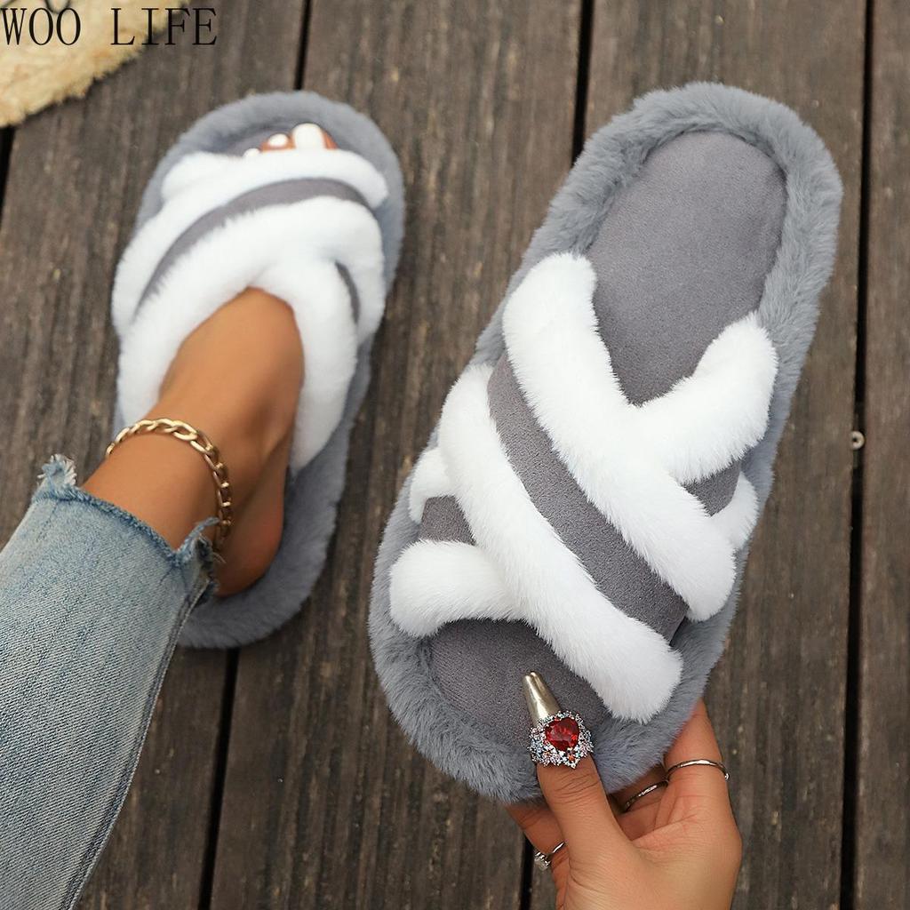 Women Cross Strap Fluffy Slippers Patchwork Platform House Shoes Non-Slip Comfortable Indoor Outdoor