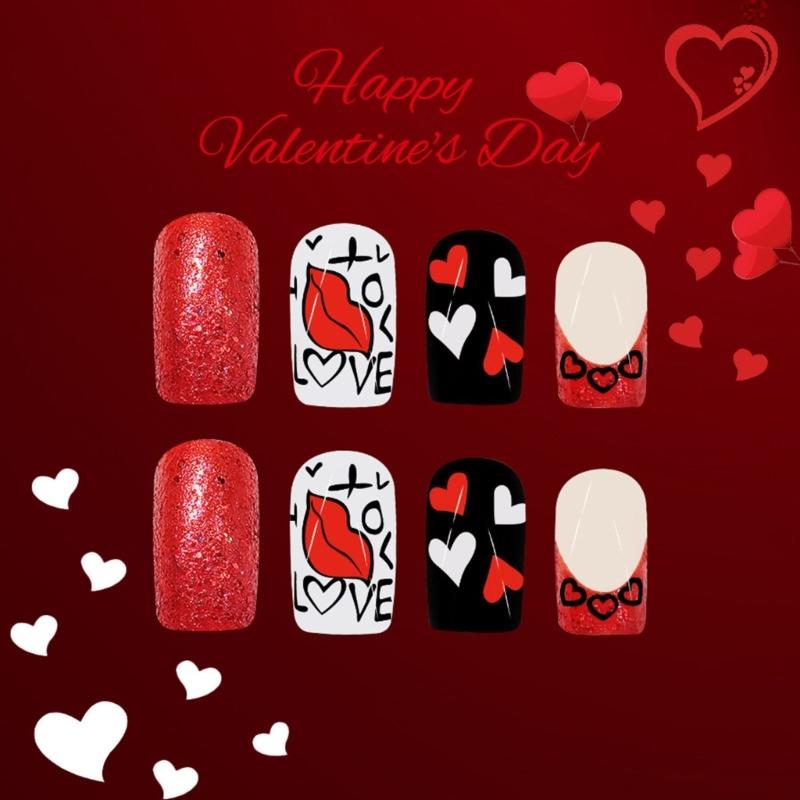 Valentine Press on Nail Square Fake Nail Glossy Design False Nail Full Cover Artificial Acrylic Nail 24pcs 12Sizes