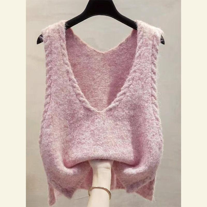 Women's Korean Chic Retro Lazy Style Knitwear High-End Pink V-Neck Vest Sweater