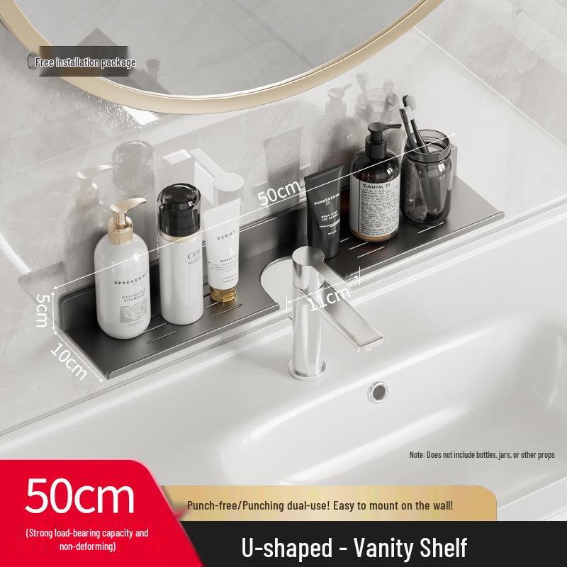 Wall-Mounted No-Drill Bathroom Vanity Shelf with Space for Faucet and Mirror