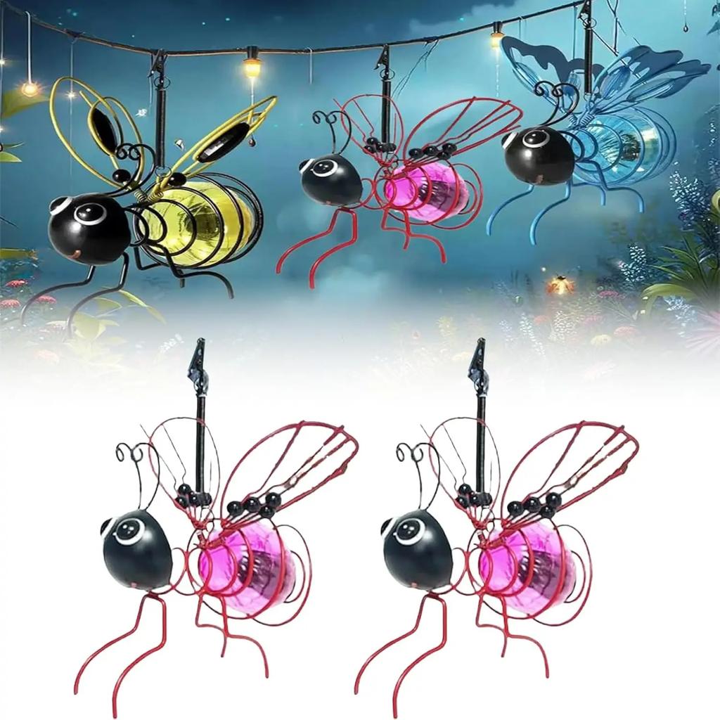 Solar-Powered Bee Lights Design Metal Waterproof Hanging Decor Warm White LED for Garden Party Balcony Porch Ornaments Outdoor
