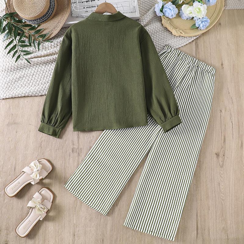 Mädchenmode-Set: Herbst Kinder Langarmshirt + Lässige Gestreifte Hose (2-teiliges Set)