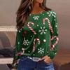 Women's Fashion Casual Slit Hem Round Neck Long Sleeve Loose  Printed T-Shirt Ladies Top