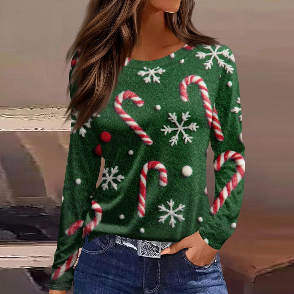 Women's Fashion Casual Slit Hem Round Neck Long Sleeve Loose  Printed T-Shirt Ladies Top