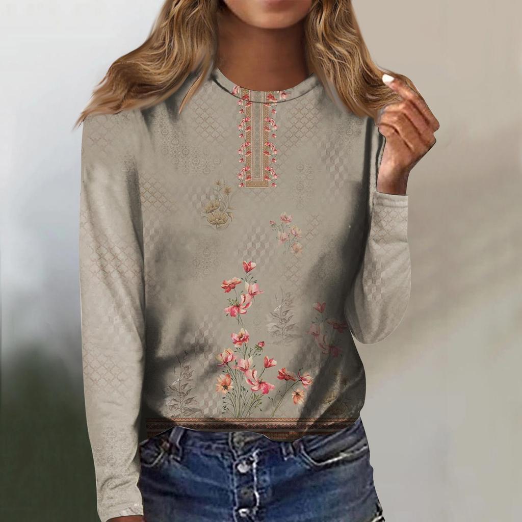 Women's Fashion Casual Long Sleeve Print Round Neck Pullover Top Blouse
