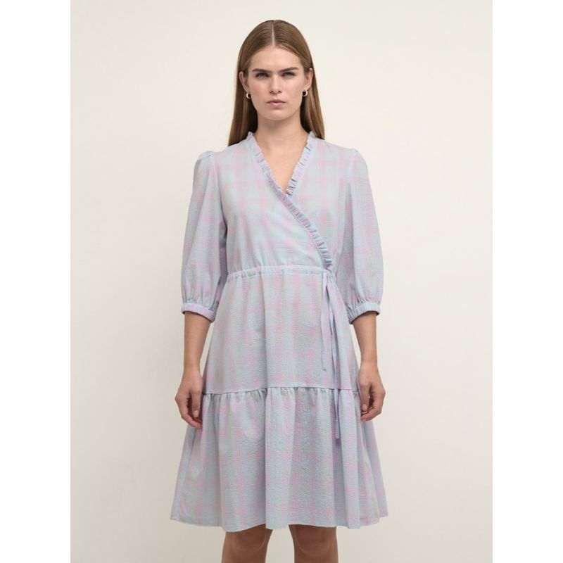 Very Good Looking! ~ Simple and Elegant Ruffles V-neck Half Sleeves Drawstring Waist Imitation Wrap Mid Length Long Length Dress