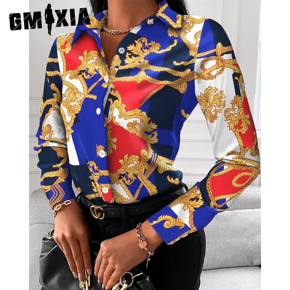GMXIA Women's Fashion Casual Solid Color Print Long Sleeve POLO Neck Blouses & Shirts