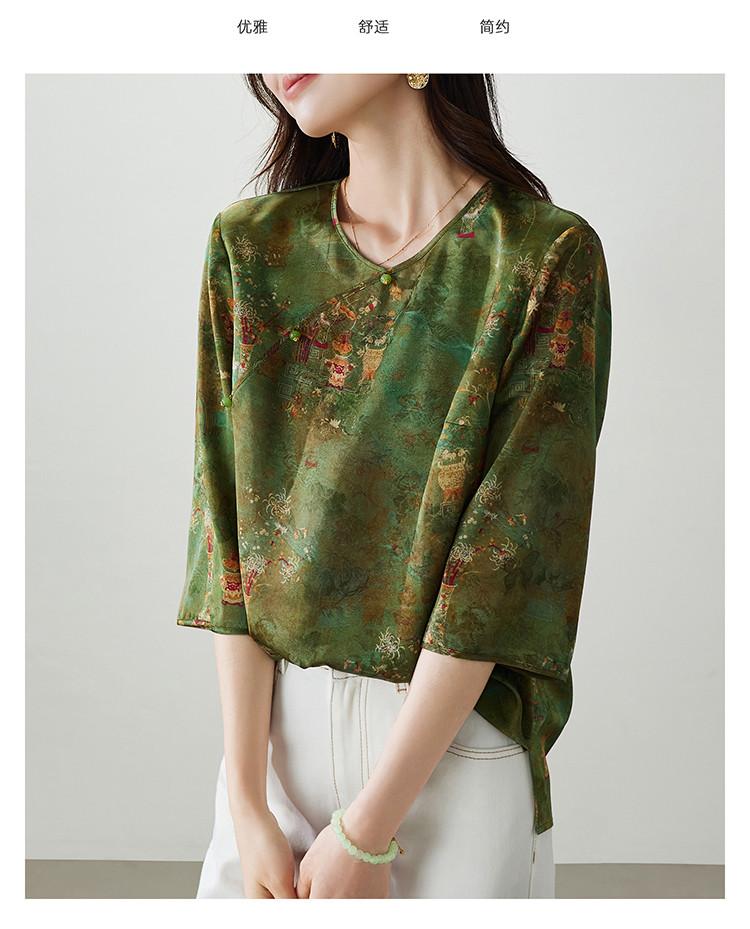 New Chinese style printed seven quarter sleeved shirt for women, 2026 spring temperament, versatile commuting loose top