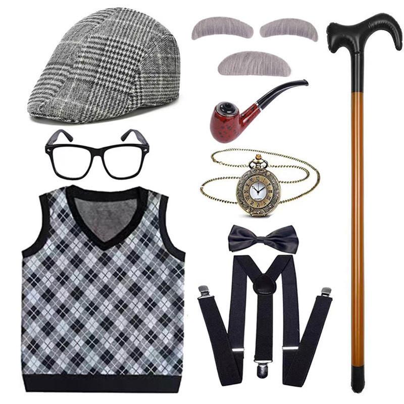 

Versatile Grandpa Costume Wig Set With Black And Orange Vest For Themed Parties Black Vest A,110cm