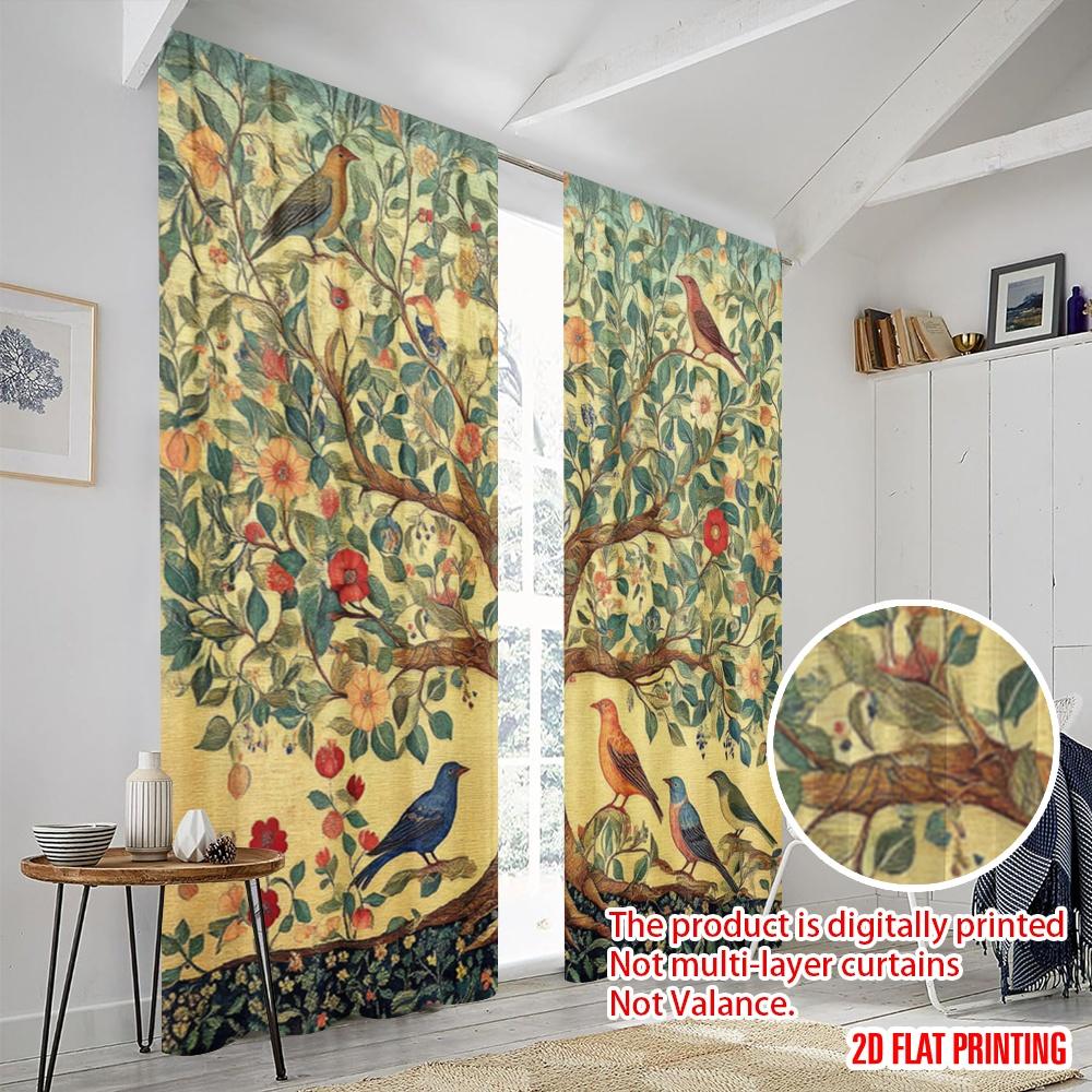 2pcs,2D Plane Printing Curtain Fabric Birdsong Blossom Polyester (without Rod) Room Decor Perfect for Living Room & Kitchen