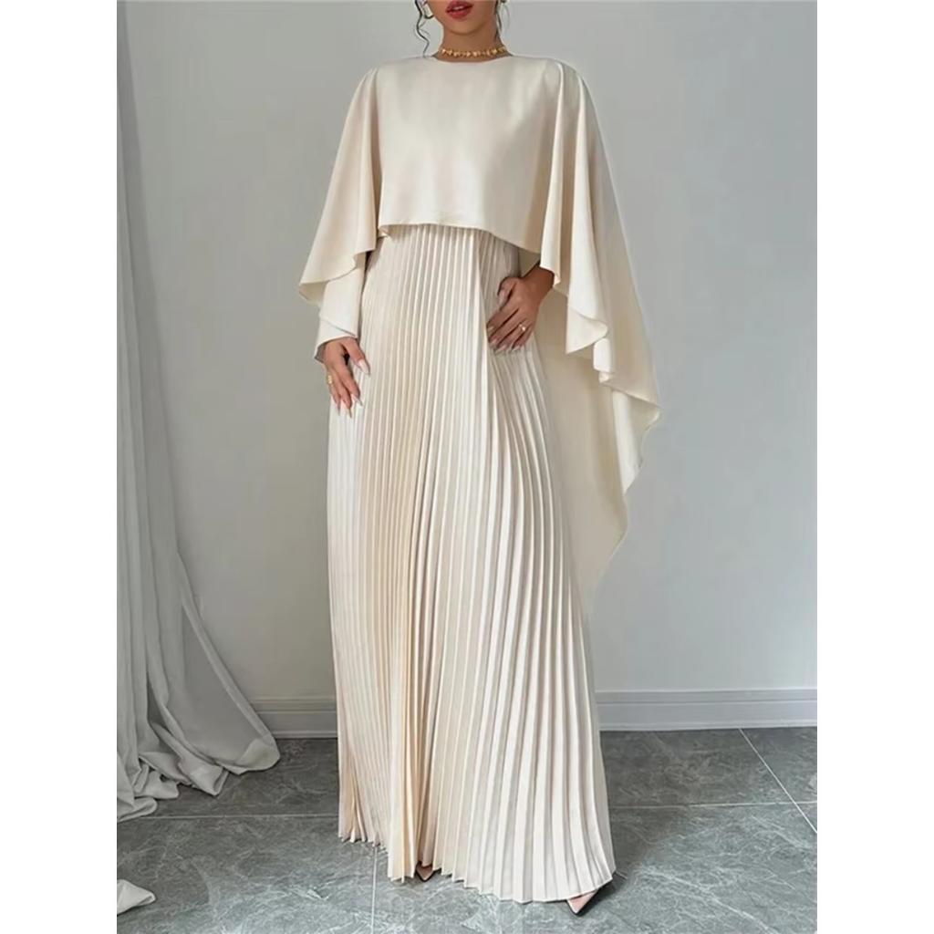 Spring Summer Elegant Crew Neck Pleated Dresses Women Casual Solid Loose Long Dress Cloak Sleeves Ruffle Maxi Dress Vestidos
